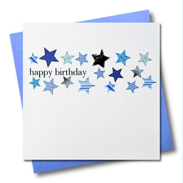 Birthday Card, Blue Stars, Happy Birthday, Embellished with a shiny padded star