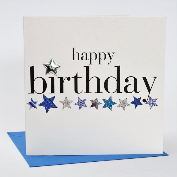 Birthday Card, Blue Stars, Happy Birthday, Embellished with a shiny padded star