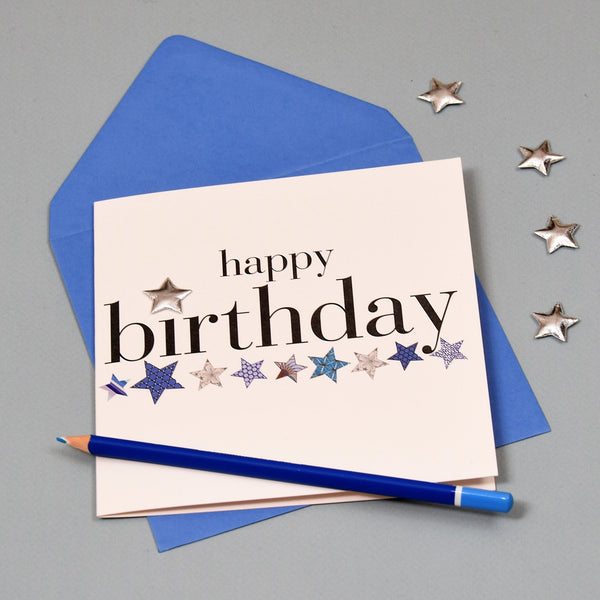 Birthday Card, Blue Stars, Happy Birthday, Embellished with a shiny padded star