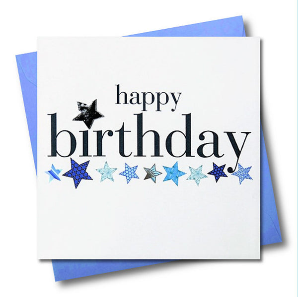 Birthday Card, Blue Stars, Happy Birthday, Embellished with a shiny padded star