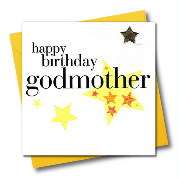 Birthday Card, Godmother, Yellow Stars, Embellished with a padded star