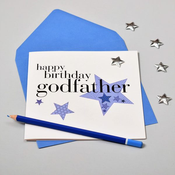 Birthday Card, Godfather, Blue Stars, Embellished with a padded star