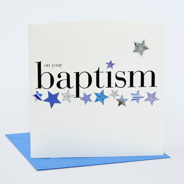 Baby Card, Blue Stars, On Your Baptism, Embellished with a shiny padded star