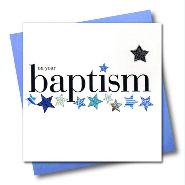 Baby Card, Blue Stars, On Your Baptism, Embellished with a shiny padded star