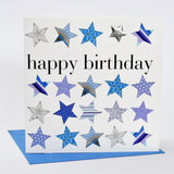 Birthday Card, Blue Stars, Happy Birthday, Embellished with a shiny padded star