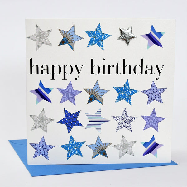 Birthday Card, Blue Stars, Happy Birthday, Embellished with a shiny padded star