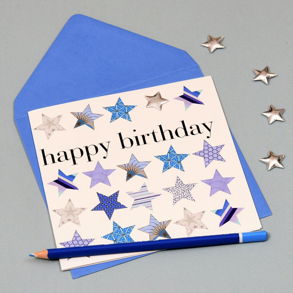 Birthday Card, Blue Stars, Happy Birthday, Embellished with a shiny padded star