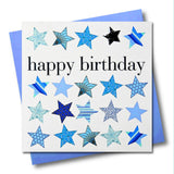 Birthday Card, Blue Stars, Happy Birthday, Embellished with a shiny padded star