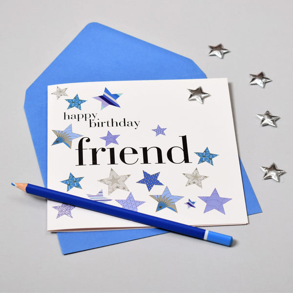 Birthday Card, Blue Stars, Happy Birthday Friend, Embellished with a padded star