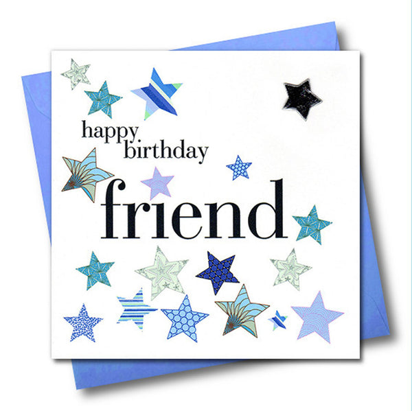 Birthday Card, Blue Stars, Happy Birthday Friend, Embellished with a padded star