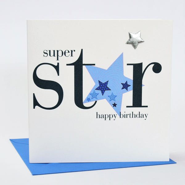 Birthday Card, Blue Stars, Super Star, Embellished with a padded star