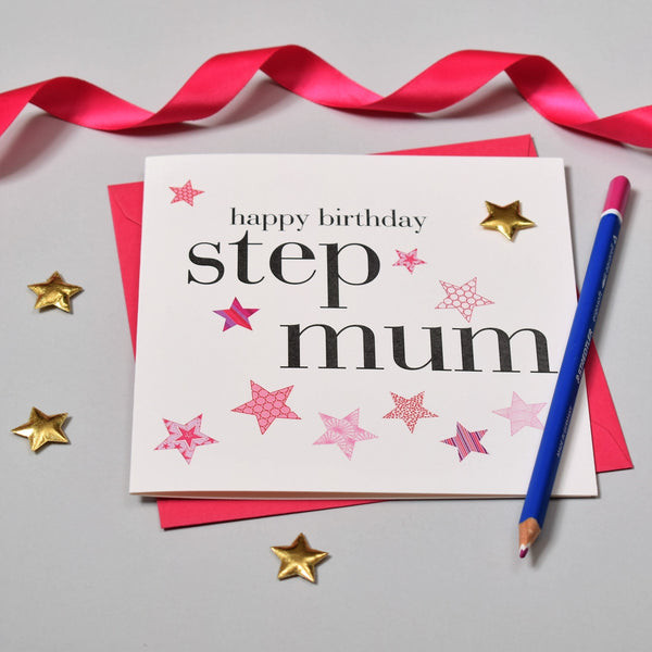 Birthday Card, Step Mum, Pink Stars, Embellished with a padded star