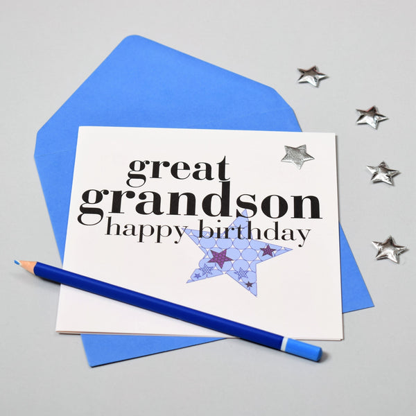 Birthday Card, Blue Star, great grandson, Embellished with a padded star