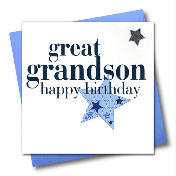 Birthday Card, Blue Star, great grandson, Embellished with a padded star