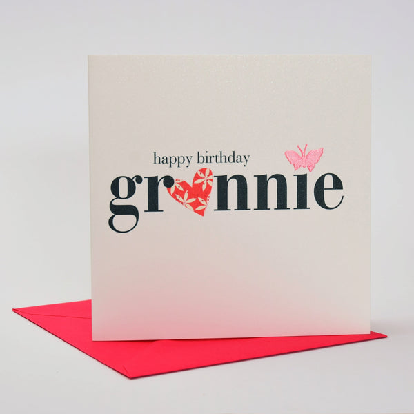 Birthday Card, Heart and Flowers, Grannie, fabric butterfly Embellished