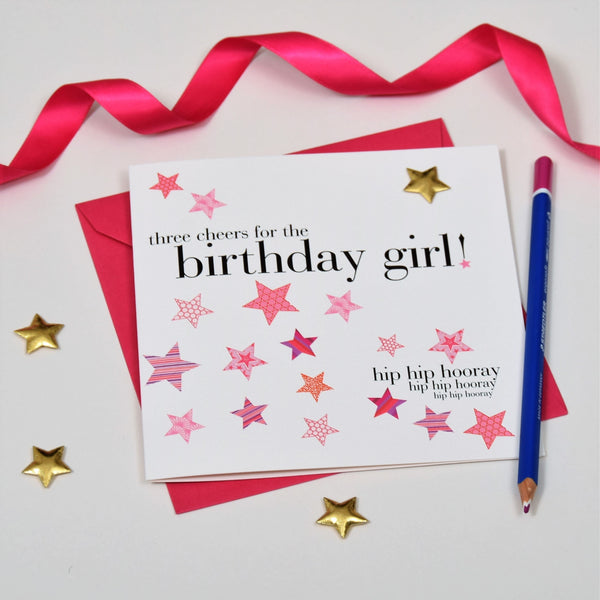 Birthday Card, Pink Stars, birthday girl, Embellished with a padded star