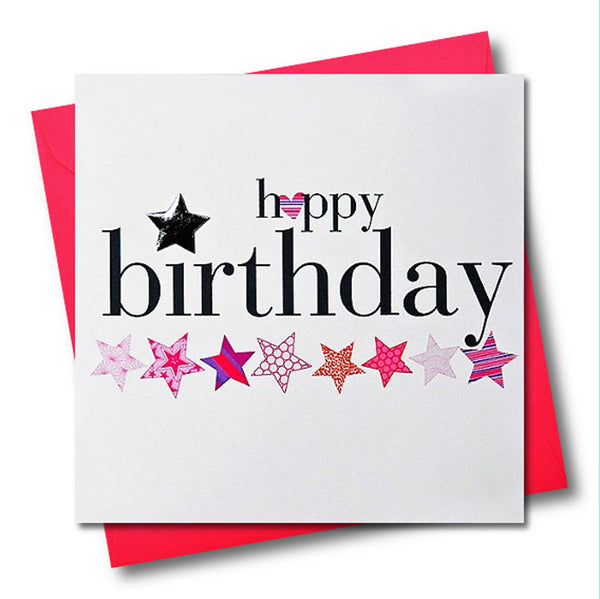 Birthday Card, Pink Stars, happy birthday, Embellished with a shiny padded star