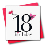 Birthday Card, Pink Hearts, Happy 18th Birthday, fabric butterfly Embellished
