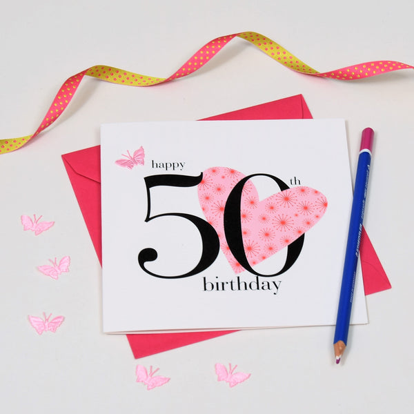 Birthday Card, Pink Heart, Happy 50th Birthday, fabric butterfly Embellished