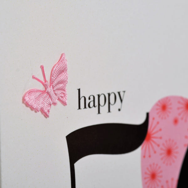 Birthday Card, Pink Heart, Happy 50th Birthday, fabric butterfly Embellished