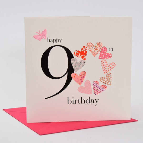 Birthday Card, Pink Hearts, Happy 90th Birthday, fabric butterfly Embellished