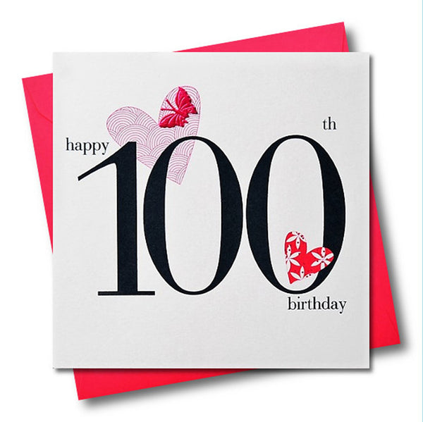 Birthday Card, Pink Hearts, Happy 100th Birthday, fabric butterfly Embellished