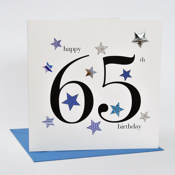 Birthday Card, Blue Stars, Happy 65th Birthday, Embellished with a padded star