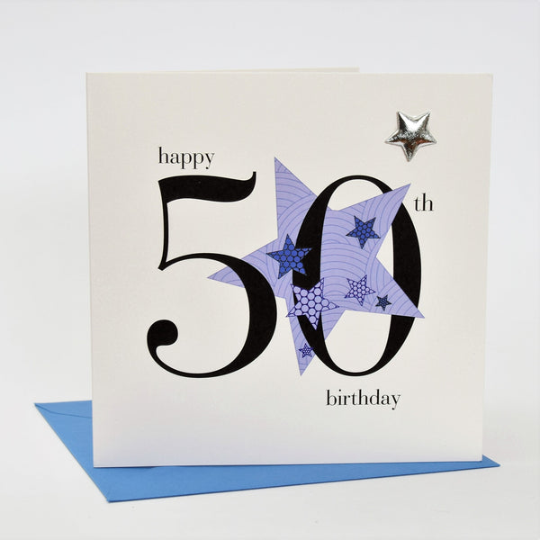 Birthday Card, Blue Star, Happy 50th Birthday, Embellished with a padded star