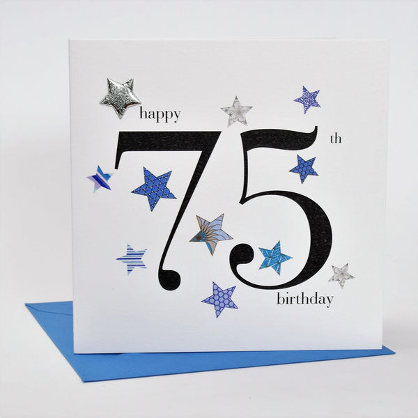 Birthday Card, Blue Stars, Happy 75th Birthday, Embellished with a padded star