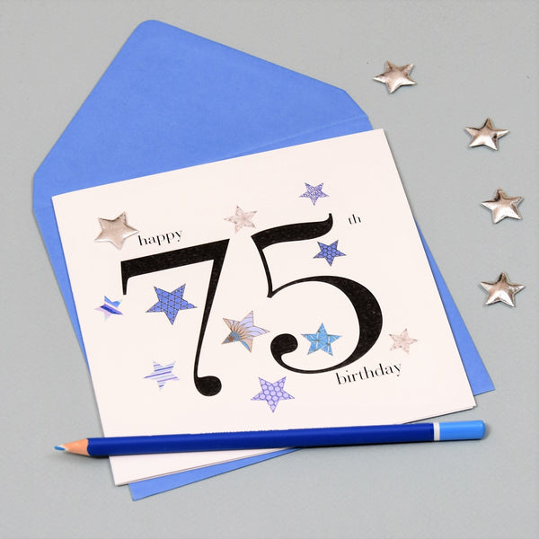 Birthday Card, Blue Stars, Happy 75th Birthday, Embellished with a padded star