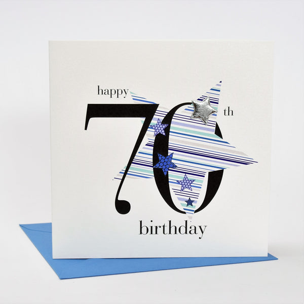 Birthday Card, Blue Stars, Happy 70th Birthday, Embellished with a padded star