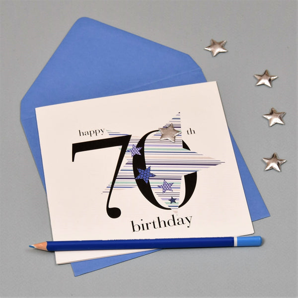 Birthday Card, Blue Stars, Happy 70th Birthday, Embellished with a padded star