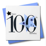 Birthday Card, Blue Stars, Happy 100th Birthday, Embellished with a padded star