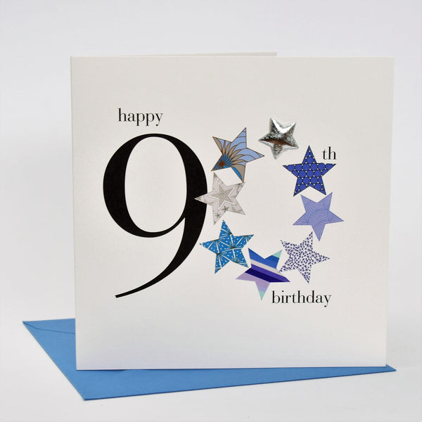 Birthday Card, Blue Stars, Happy 90th Birthday, Embellished with a padded star