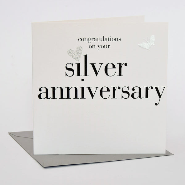 Silver Wedding Anniversary Card, Silver Heart, fabric butterfly Embellished