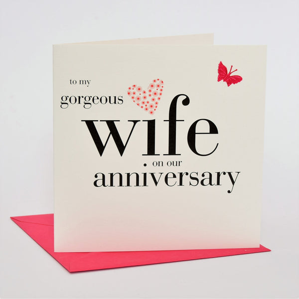 Wife Wedding Anniverary Card, Pink Heart, fabric butterfly Embellished