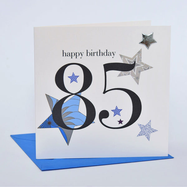 Birthday Card, Blue Stars, Happy 85th Birthday, Embellished with a padded star