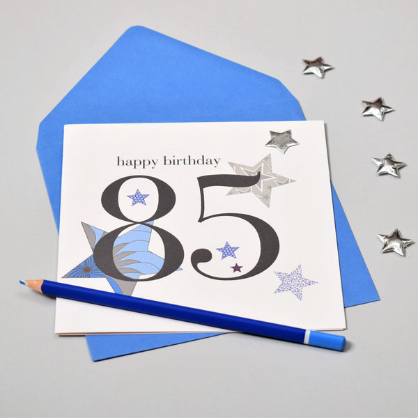 Birthday Card, Blue Stars, Happy 85th Birthday, Embellished with a padded star