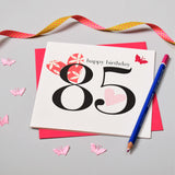 Birthday Card, Pink Hearts and Flowers, 85th, fabric butterfly Embellished