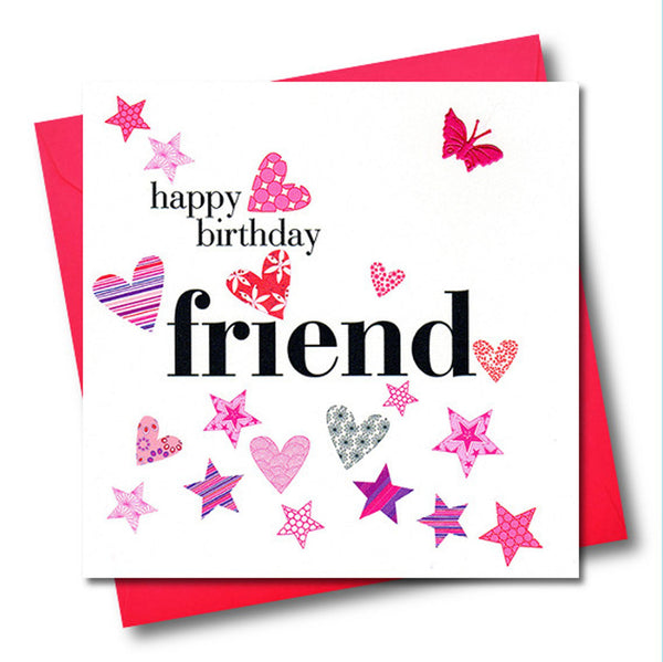 Birthday Card, Friend, Pink Hearts and Stars, fabric butterfly Embellished