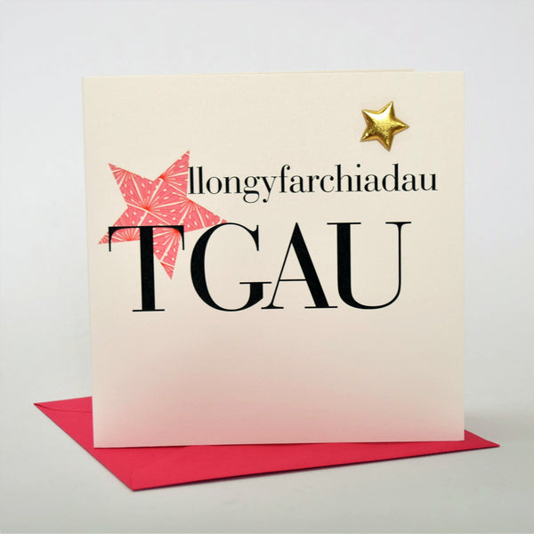 Welsh GCSE results Congratulations Card, Pink Stars, padded star embellished