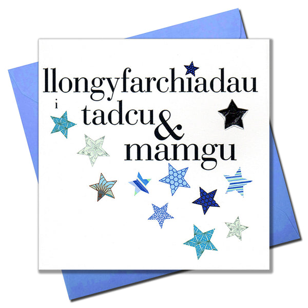 Welsh Congratulations Grandparents Card, Tadcu & Mamgu, padded star embellished