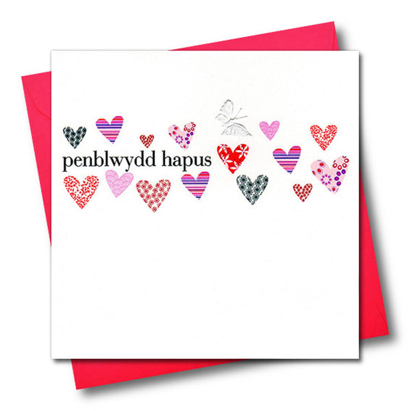 Welsh Birthday Card, Penblwydd Hapus, Hearts, fabric butterfly embellished