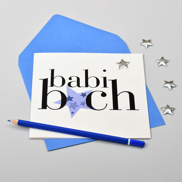 Welsh Baby Card, Babi Bach, Baby Boy - Silver Star, padded star embellished