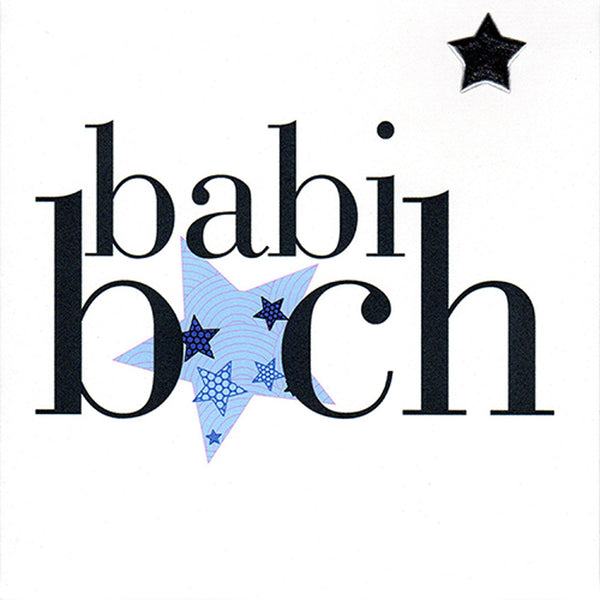 Welsh Baby Card, Babi Bach, Baby Boy - Silver Star, padded star embellished