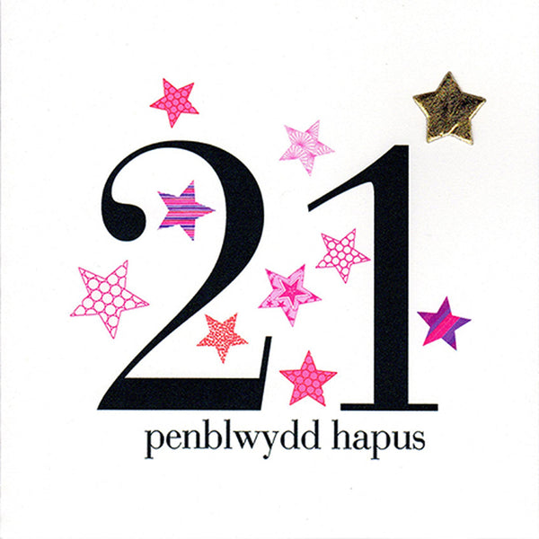 Welsh 21st Birthday Card, Penblwydd Hapus, Pink Stars, padded star embellished