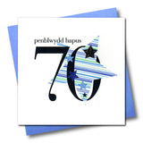 Welsh 70th Birthday Card, Penblwydd Hapus, Blue Stars, padded star embellished