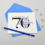 Welsh 70th Birthday Card, Penblwydd Hapus, Blue Stars, padded star embellished