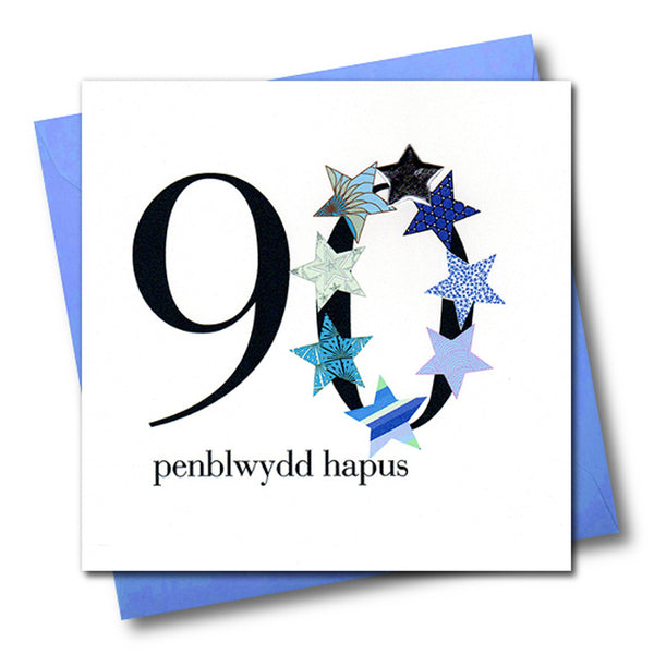 Welsh 90th Birthday Card, Penblwydd Hapus, Blue Stars, padded star embellished