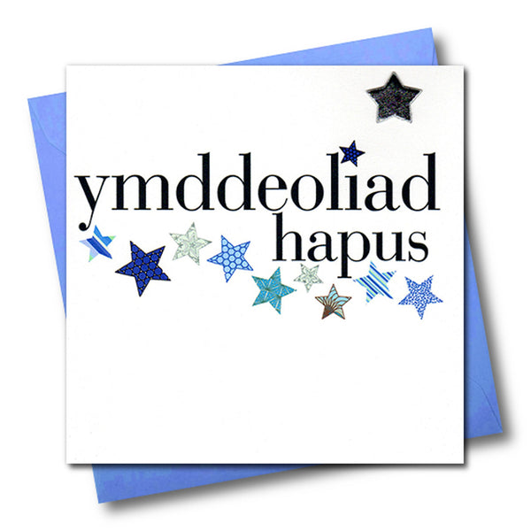 Welsh Retirement CongratulationsCard, Blue Stars, padded star embellished